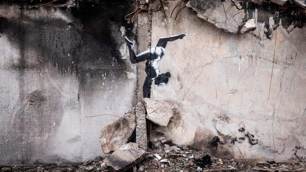 Banksy unveils latest artwork in war-torn Ukrainian town of Borodianka