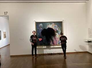 Protesters pour black liquid on Gustav Klimt painting in Vienna museum