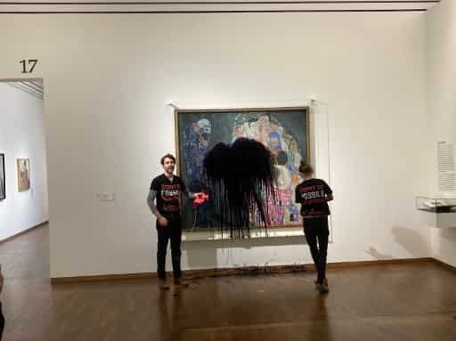 Protesters pour black liquid on Gustav Klimt painting in Vienna museum