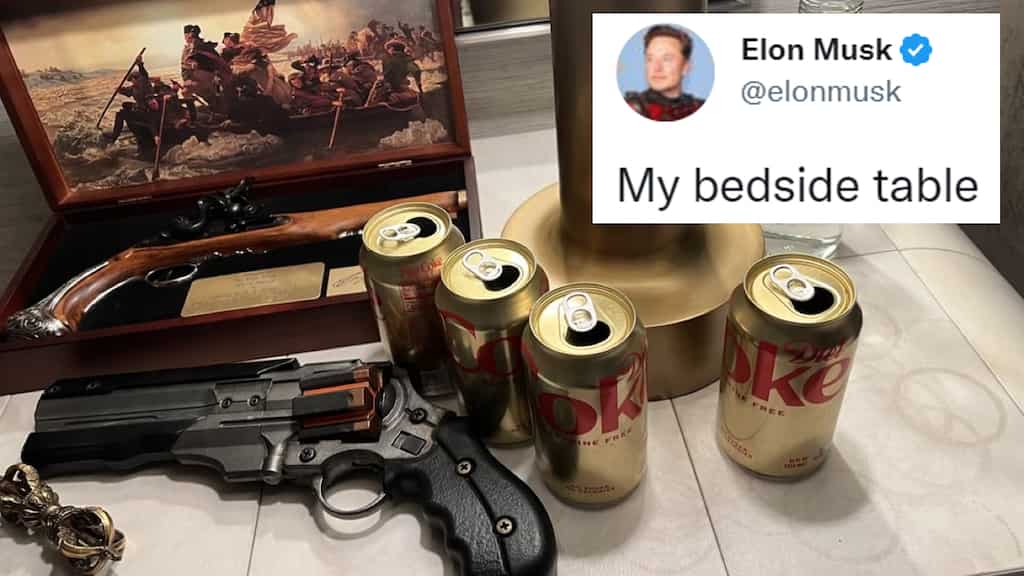 Elon Musk posts a picture of his 'bedside table' with guns and diet coke