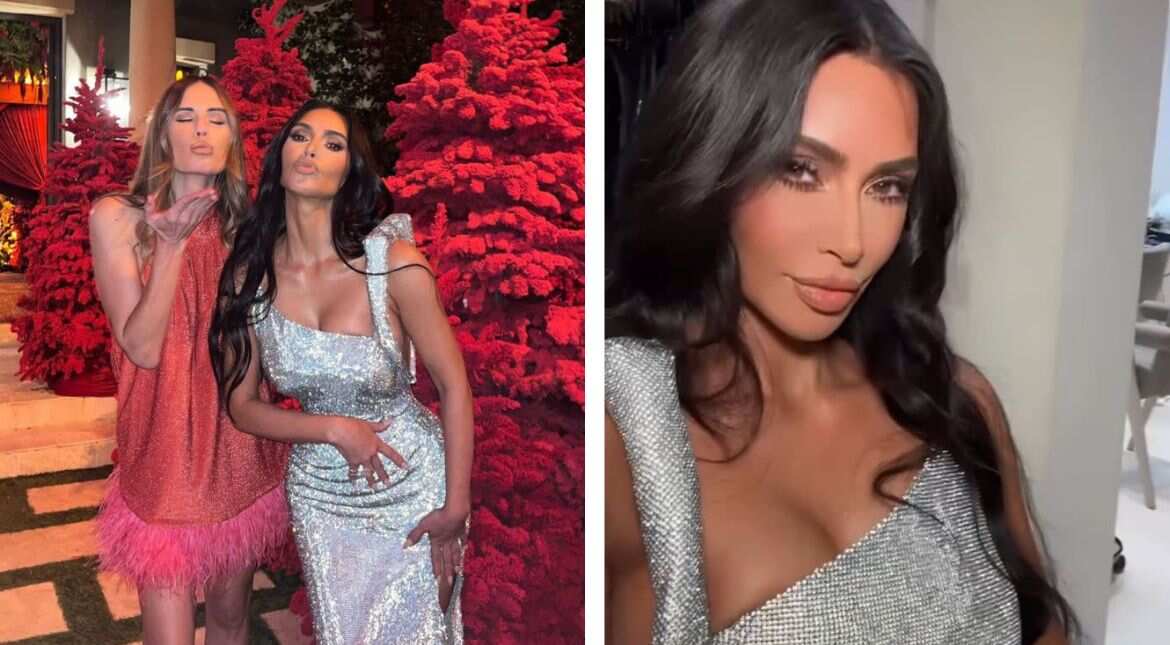 Kim Kardashian sparkles in a glittery gown for annual family Christmas party Kim Kardashian sparkles in a glittery gown for annual family Christmas party
