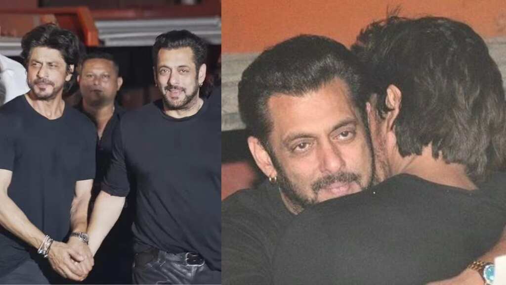 Shah Rukh Khan attends Salman Khan's birthday bash, the actors hug and pose for paps