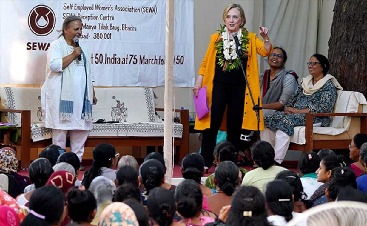 Hillary Clinton interacts with SEWA workers in Gujarat, announces US$50 million climate fund for women Hillary Clinton interacts with SEWA workers in Gujarat, announces US$50 million climate fund for women