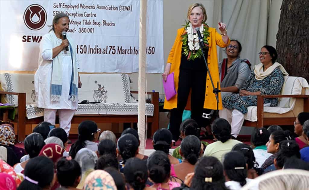 Hillary Clinton interacts with SEWA workers in Gujarat, announces US$50 million climate fund for women