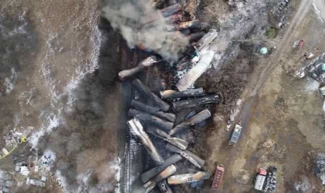 Drone footage shows toxic chemical fumes from derailed freights
