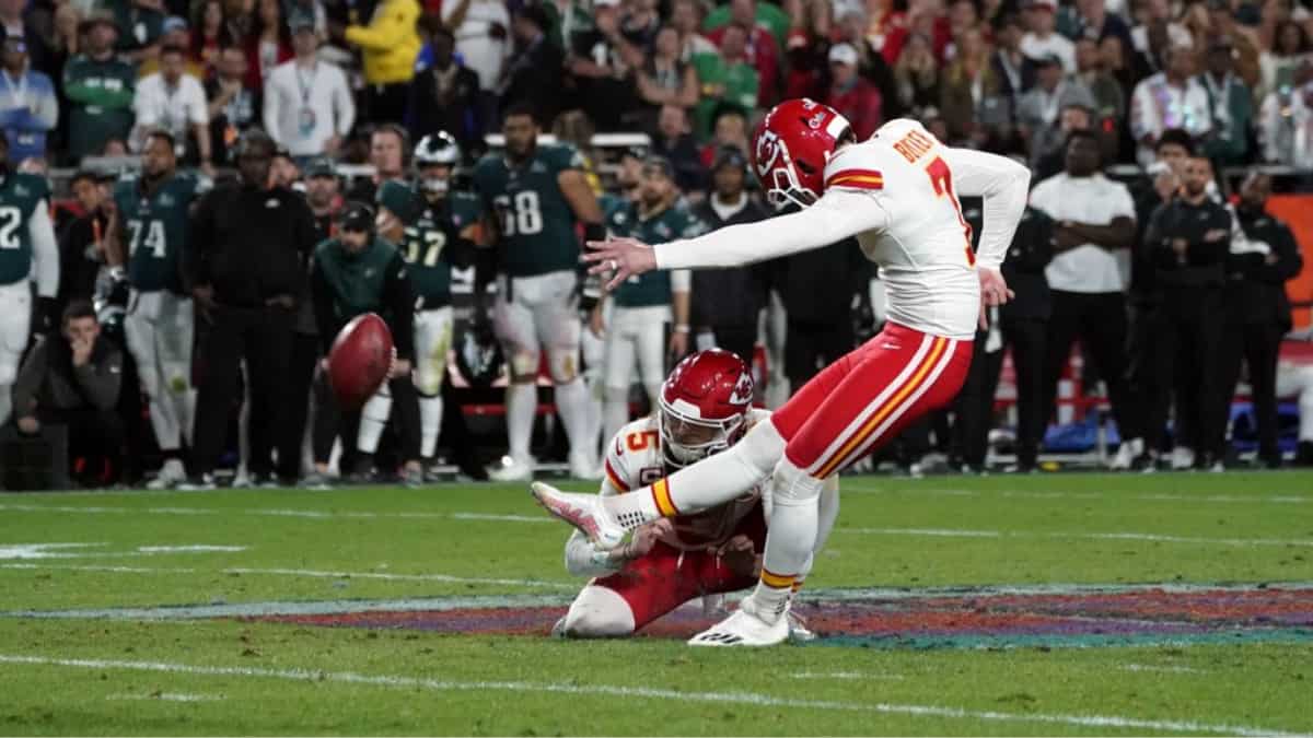 Chiefs kicker Harrison Butker scores the winning points during Super Bowl LVII