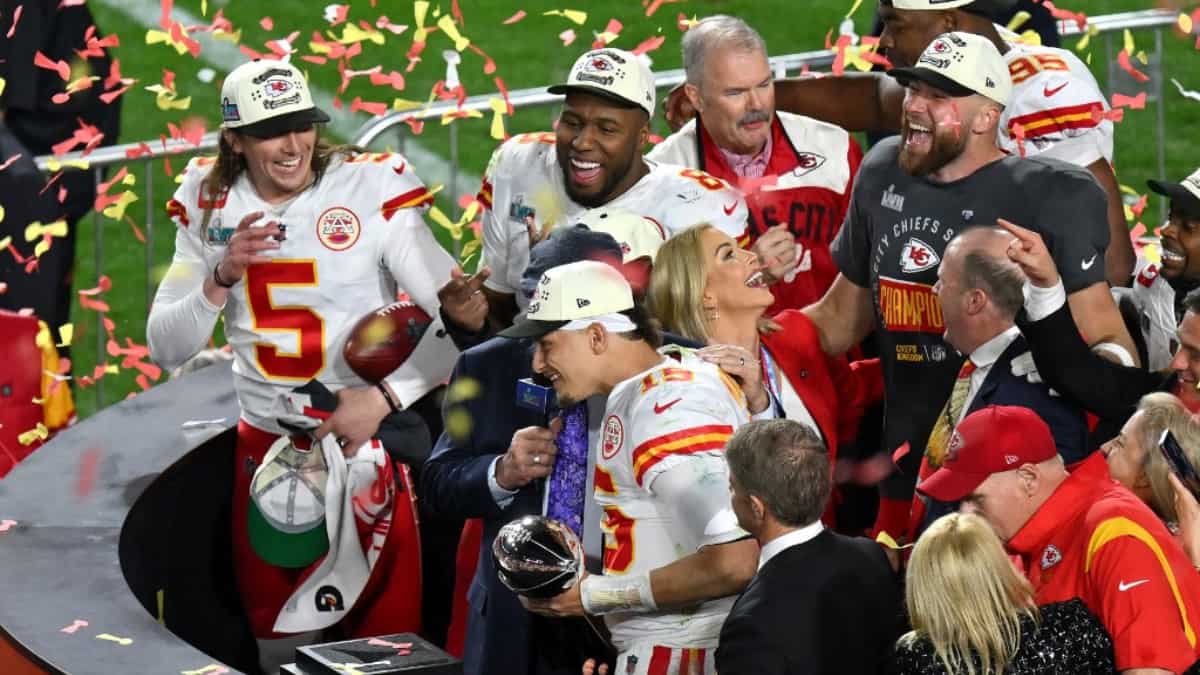 Chiefs quarterback Patrick Mahomes holds the Super Bowl LVII trophy