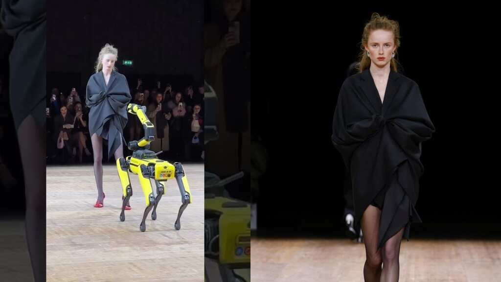 Robot dog reveals model's outfit at Coperni show during Paris Fashion Week F/W 2023