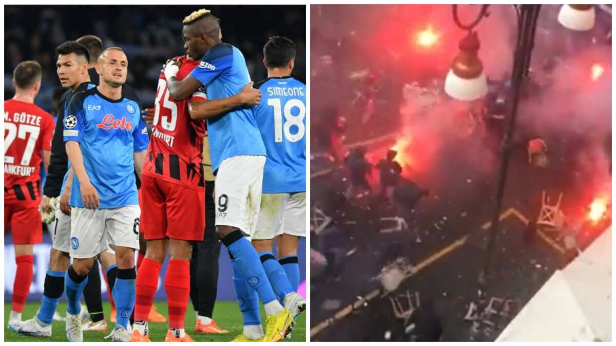 WATCH UGLY SCENES! Eintracht Frankfurt fans throw chairs at police in