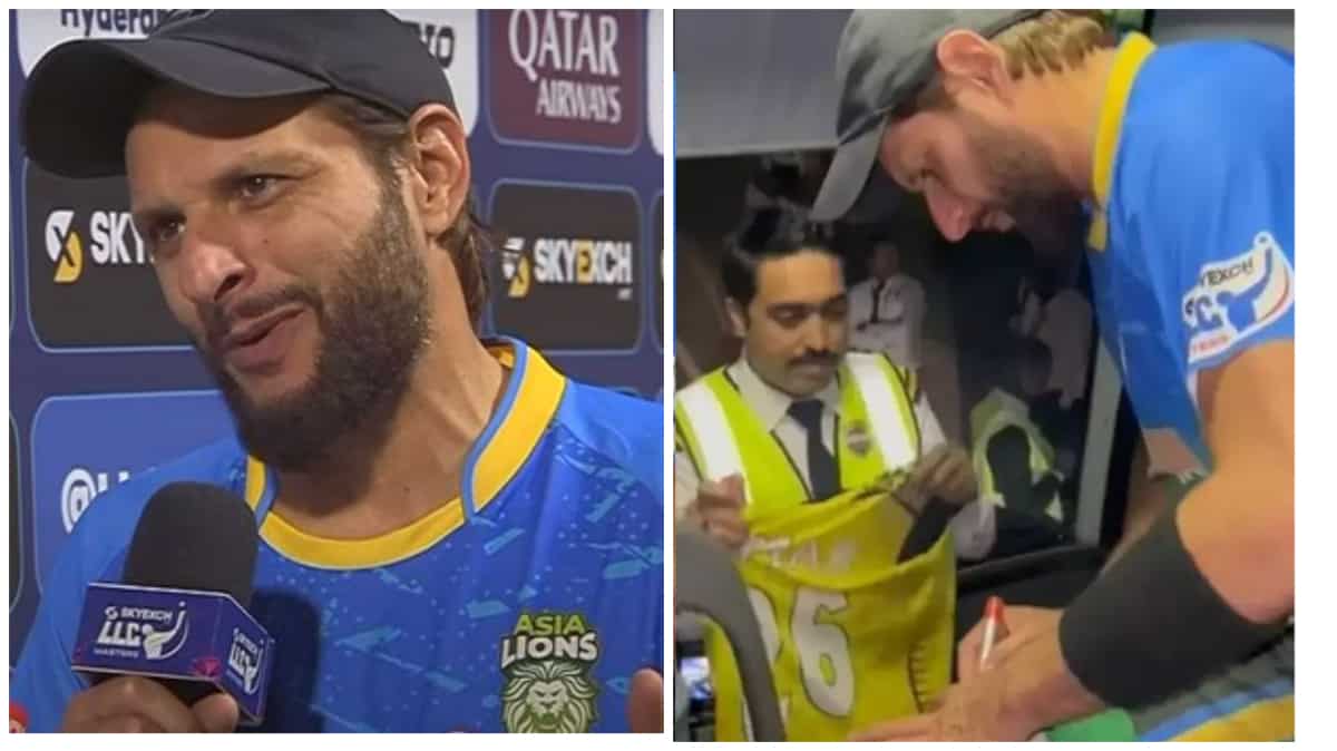 Viral: Shahid Afridi signs on Indian flag for a fan during Legends League Cricket - Watch