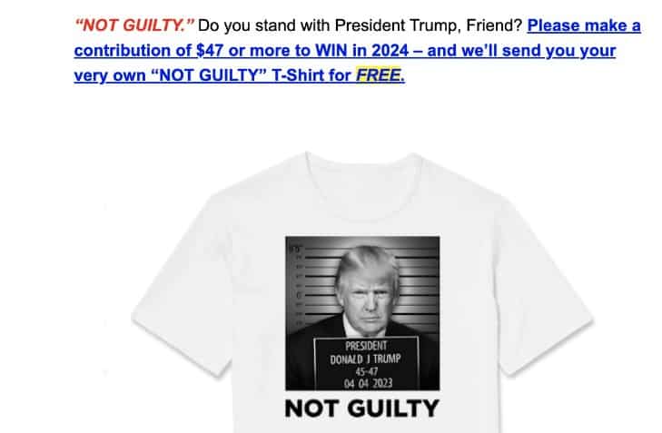 Following arraignment, Donald Trump sells t-shirt with fake mugshot on campaign website