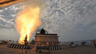 Indian Navy's guided missile destroyer INS Mormugao carries out engagement of sea-skimming supersonic target