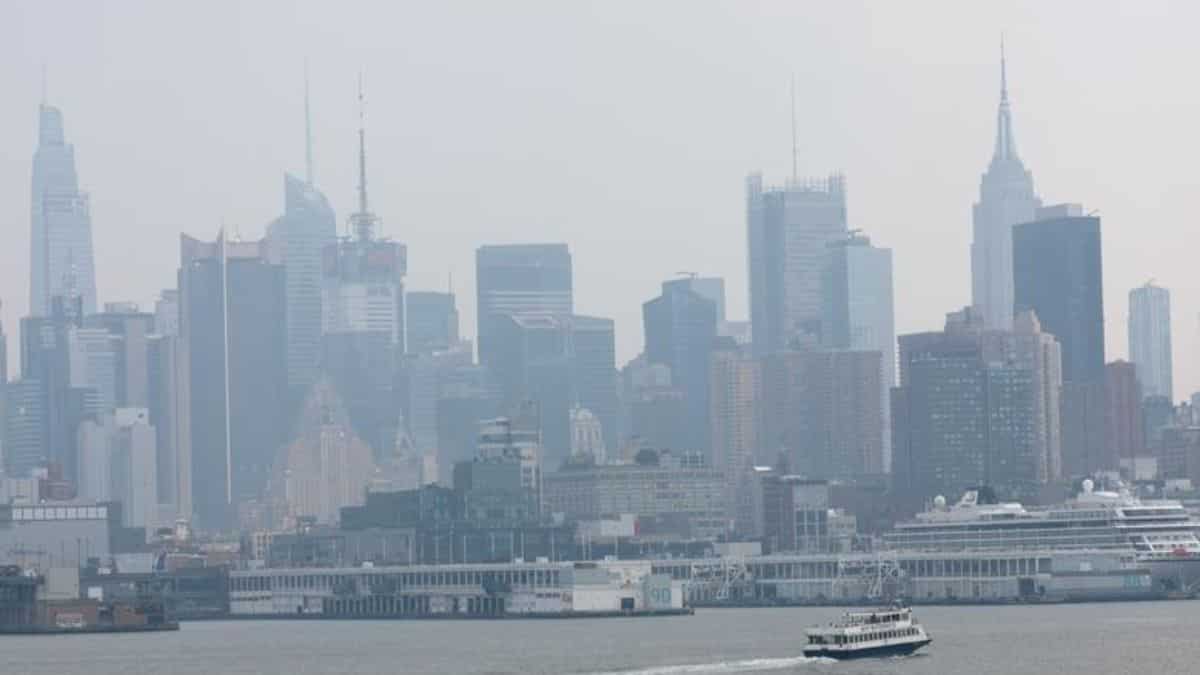 Manhattan skyline covered in smoke
