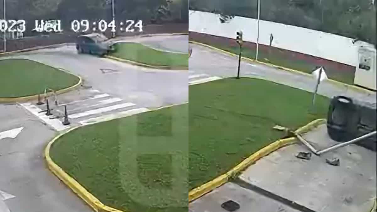Car rams into lamp post, flips over; CCTV video of unfortunate driving test goes viral. Watch!
