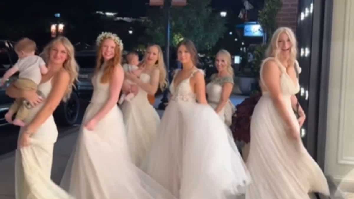 Viral moment: Women head for a girls' night out in wedding dresses | WATCH