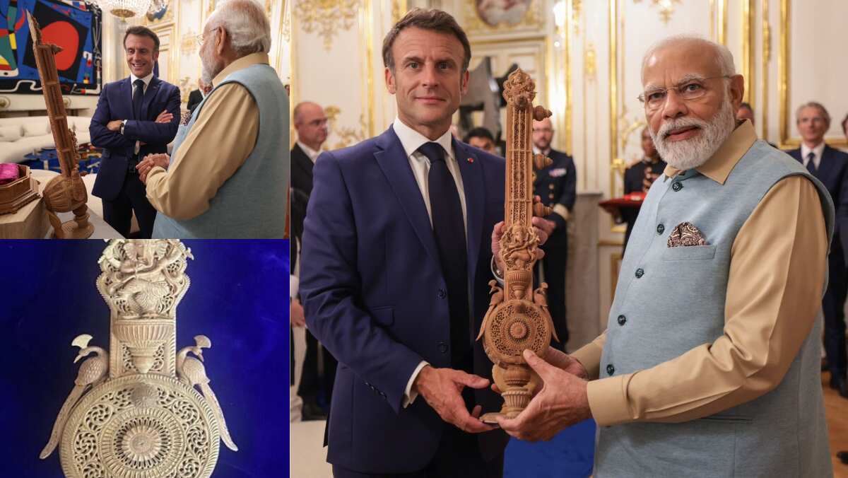 PM Modi gifts exquisite sandalwood sitar to French President Emmanuel Macron
