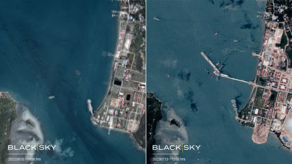 Chinese naval base in Cambodia nearly complete. It has pier for aircraft carriers - see satellite images