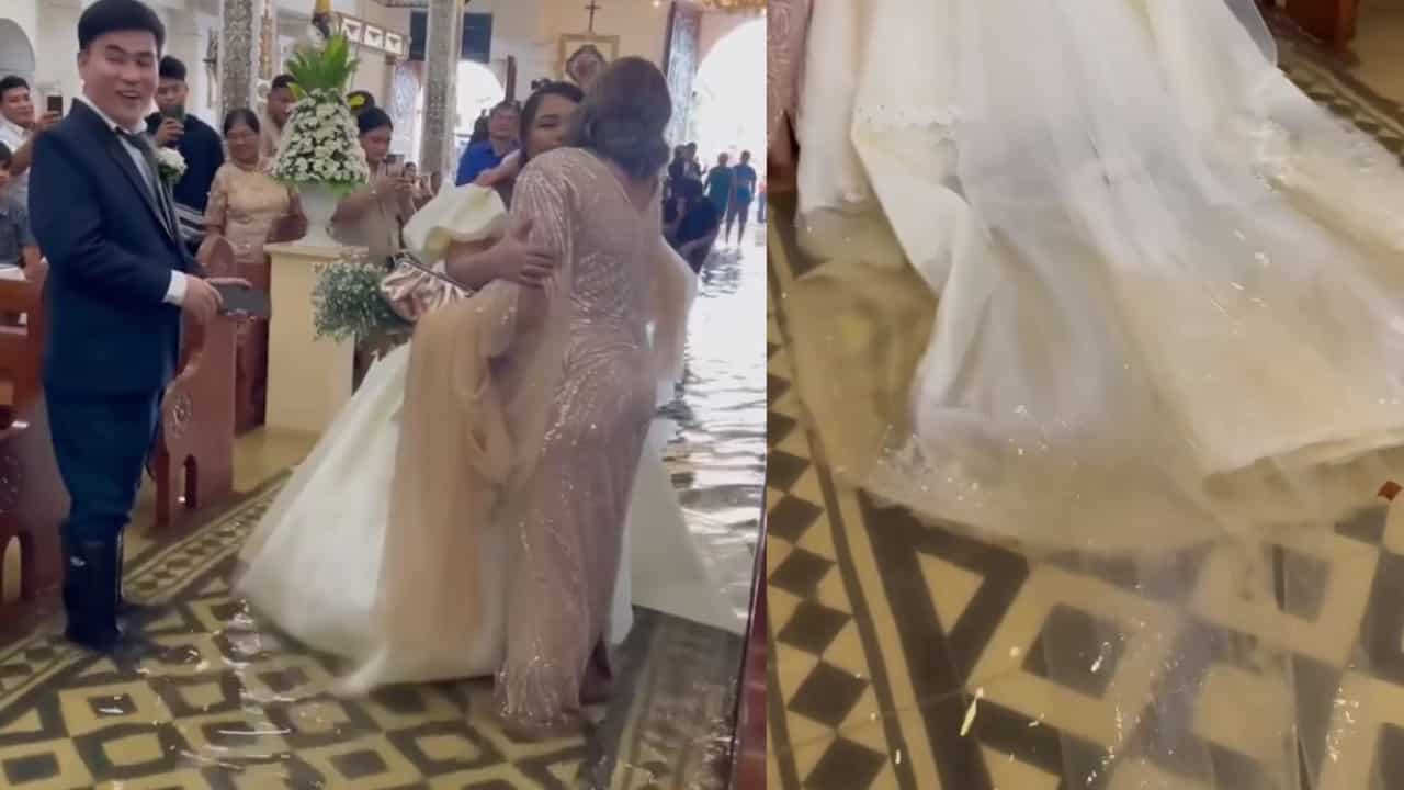 Watch: Determined bride wades through flooded church in Philippines 