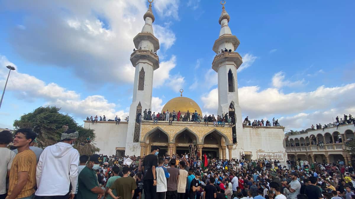 Protesters gather at Sahaba Mosque