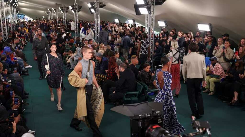 Burberry's London runway show dominated by padded bags and blue-soled heels