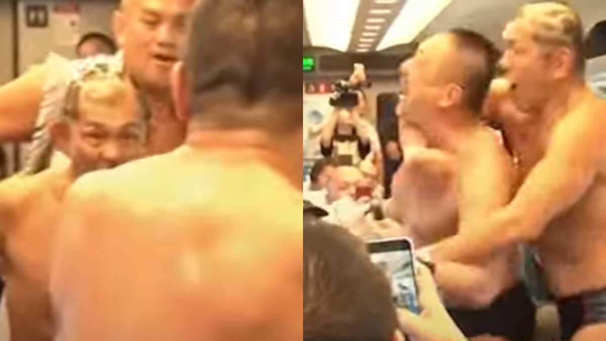Watch | Wrestlers pull punches in running Japanese bullet train Watch | Wrestlers pull punches in running Japanese bullet train