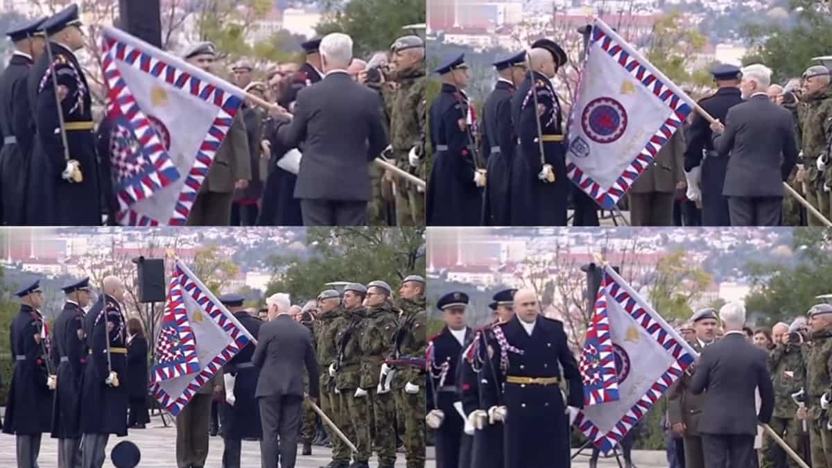 Watch: Czech president's hilarious 'oops' moment as he knocks off soldier’s hat with a flag Watch: Czech president's hilarious 'oops' moment as he knocks off soldier’s hat with a flag