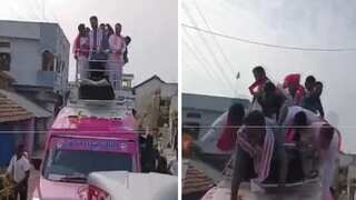 Watch | Indian minister KTR Rao, others fall down from vehicle during election rally in Telangana