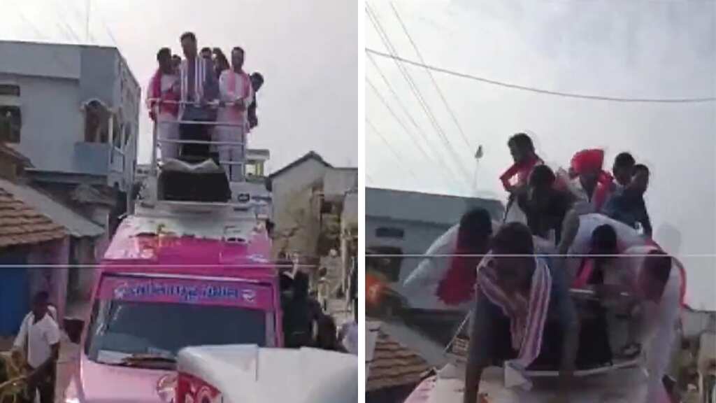 Watch | Indian minister KTR Rao, others fall down from vehicle during election rally in Telangana