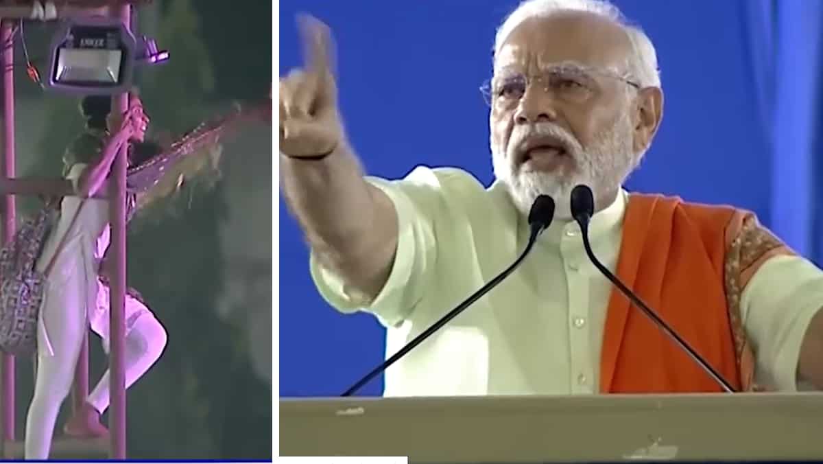 WATCH | Girl climbs light tower to speak with PM Modi during election rally