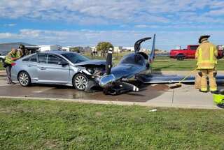 Watch: Small plane skids off runway and hits a moving car in Texas