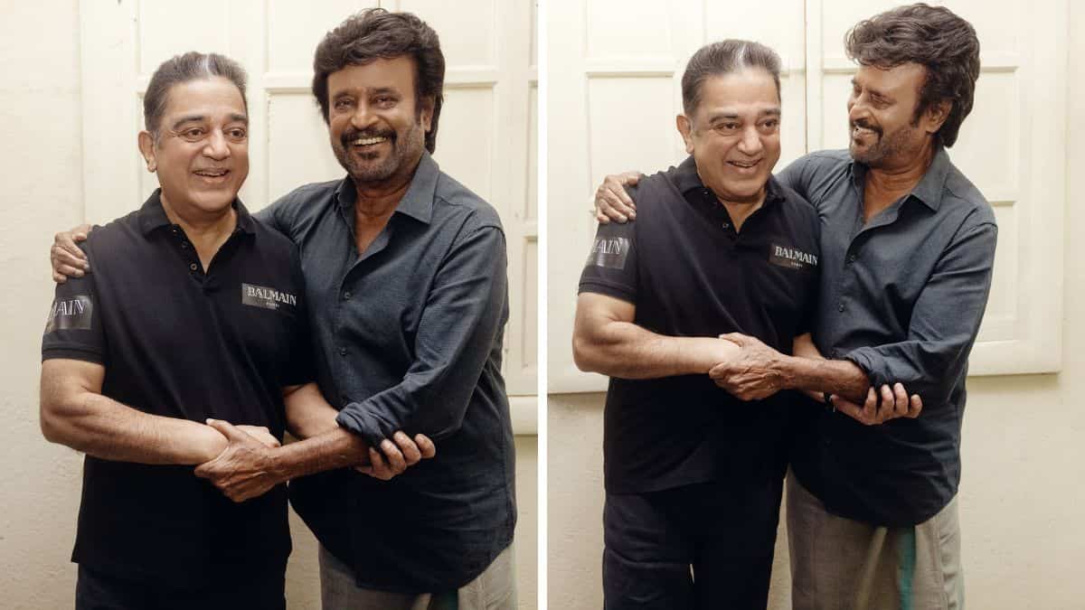 Frame-worthy! Kamal Haasan and Rajinikanth pose together as they shoot in the same studio