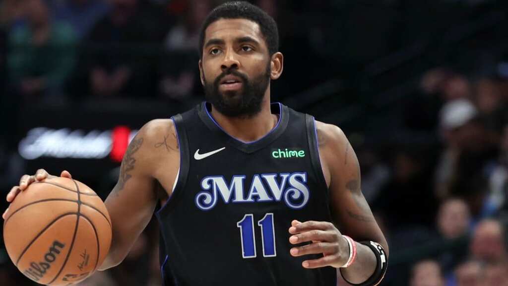 Mavericks guard Kyrie Irving reacts on injury sustained during win over Portland Trail Blazers