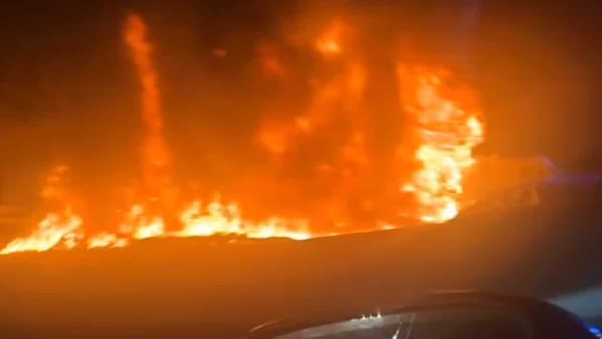 Video: Airplane makes emergency landing on US highway, catches fire Video: Airplane makes emergency landing on US highway, catches fire