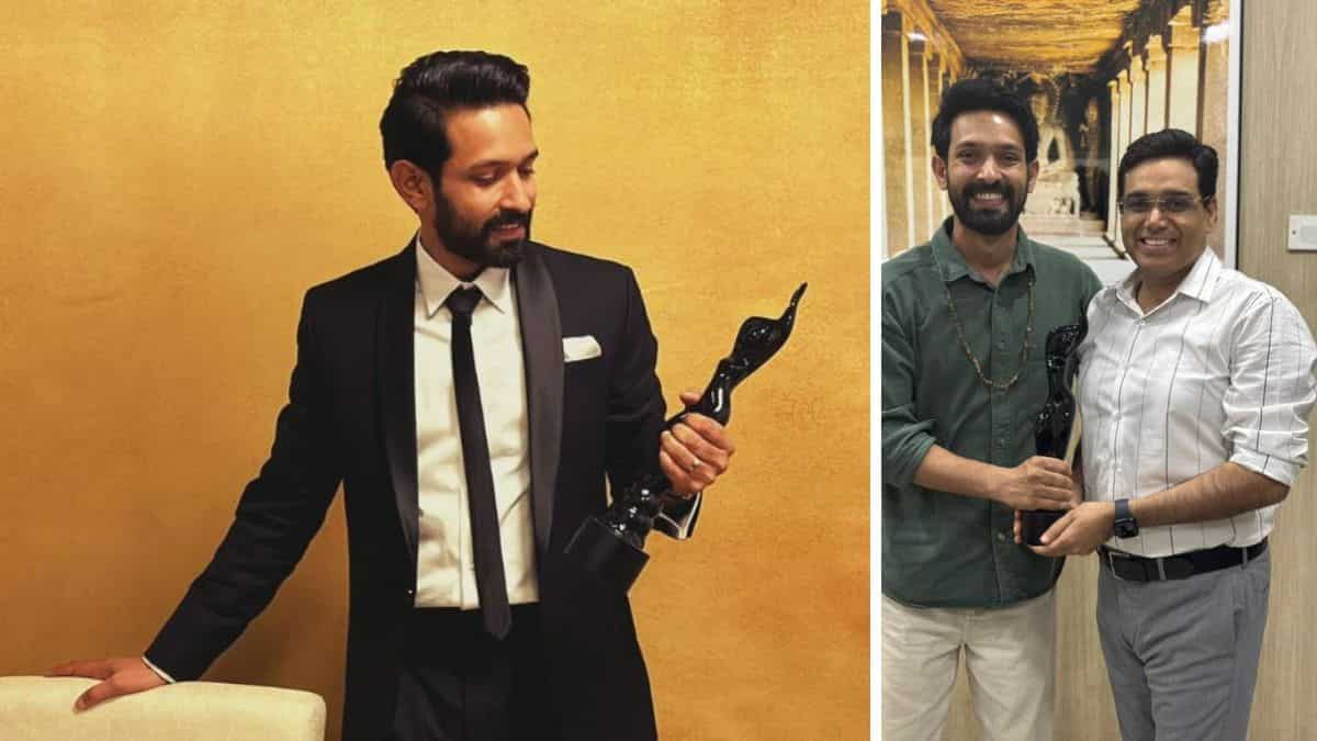 Vikrant Massey shares his Filmfare award for 12th Fail with the real Manoj Kumar Sharma Vikrant Massey shares his Filmfare award for 12th Fail with the real Manoj Kumar Sharma