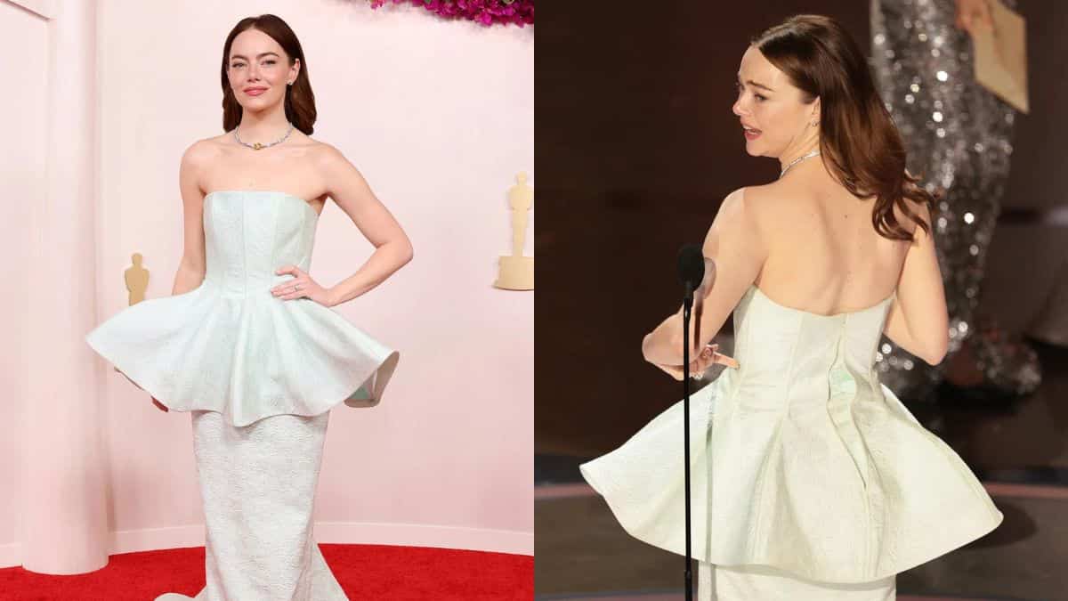 Emma Stone suffers wardrobe malfunction minutes before accepting Oscars award