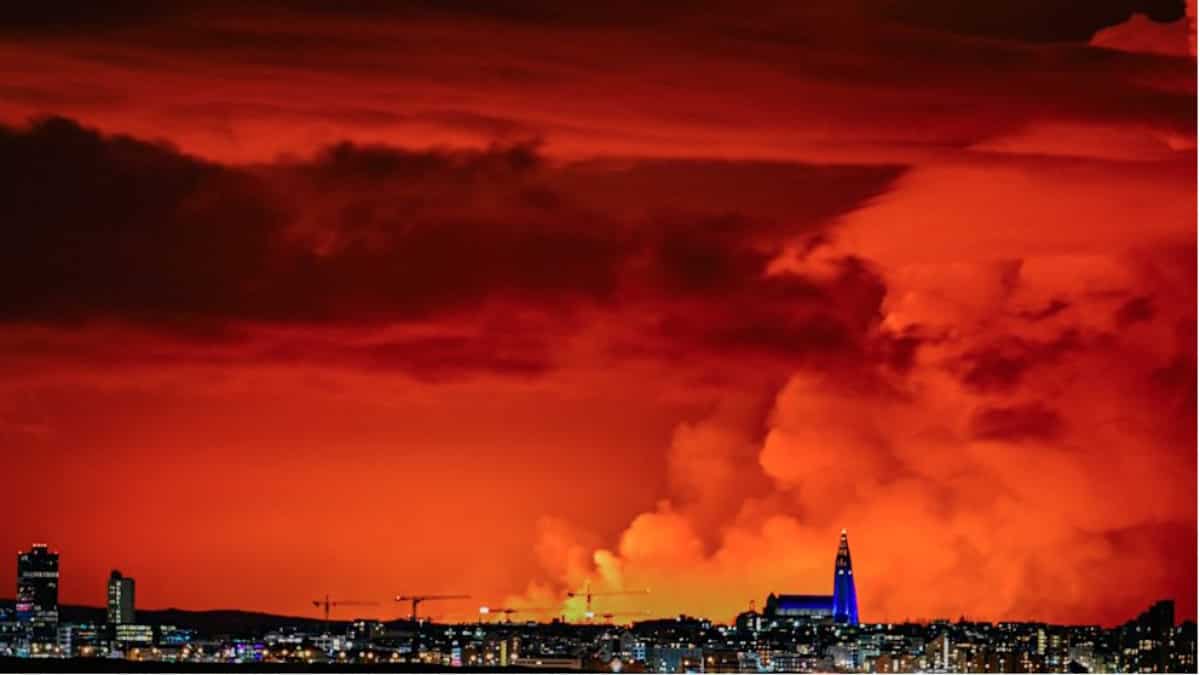 Iceland volcanic eruption lights up night sky