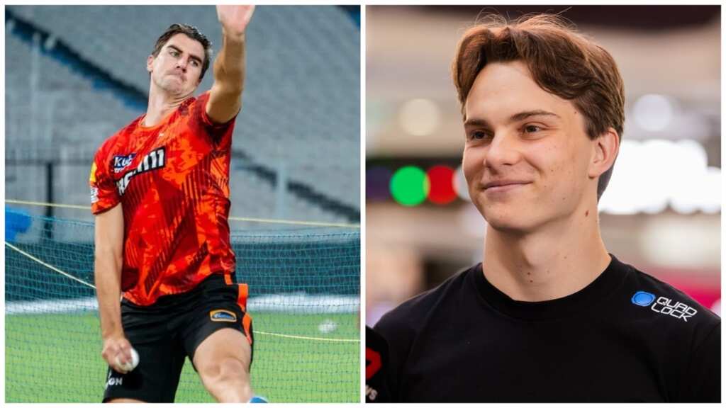 SRH captain Pat Cummins reacts after F1 driver Oscar Piastri asks which team to support in IPL 2024