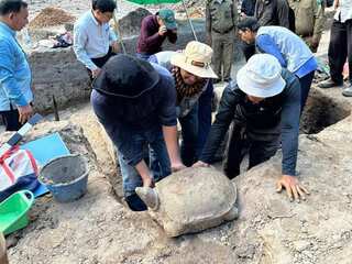 'Rare' turtle statue unearthed from a dried-up pond at 800-year-old Cambodian temple
