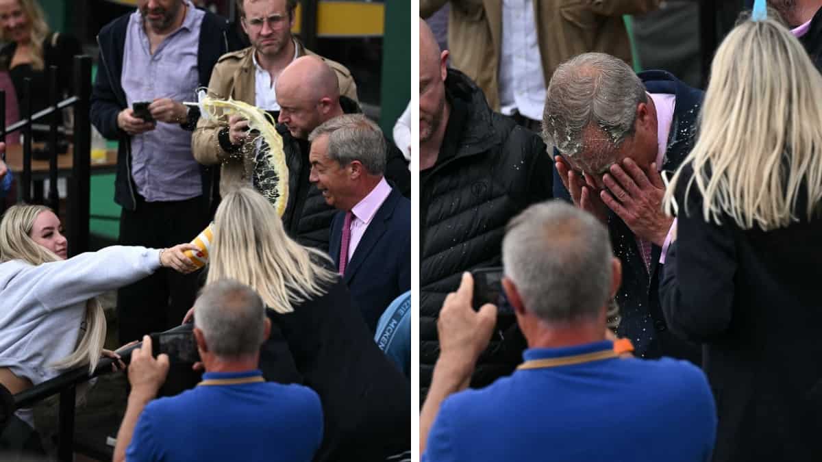 Watch: Woman throws milkshake at Reform UK leader Nigel Farage on first day of campaigning