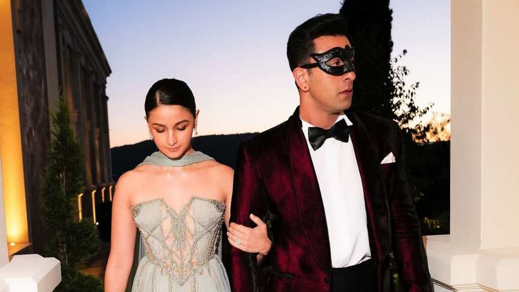 Alia Bhatt exudes bohemian charm in Elle Saab gown; Ranbir Kapoor looks dapper in tuxedo and eye mask