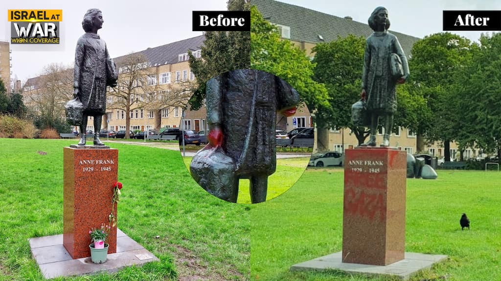Bloody hands and more: Vandals target Anne Frank statue in Amsterdam with 'Free Gaza' slogan