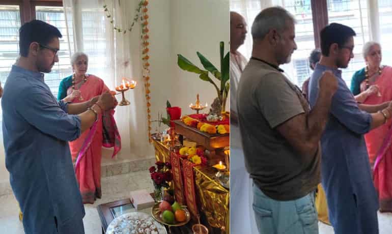 In pics | Aamir Khan celebrates Ganesh Chaturthi, performs aarti with son Azad