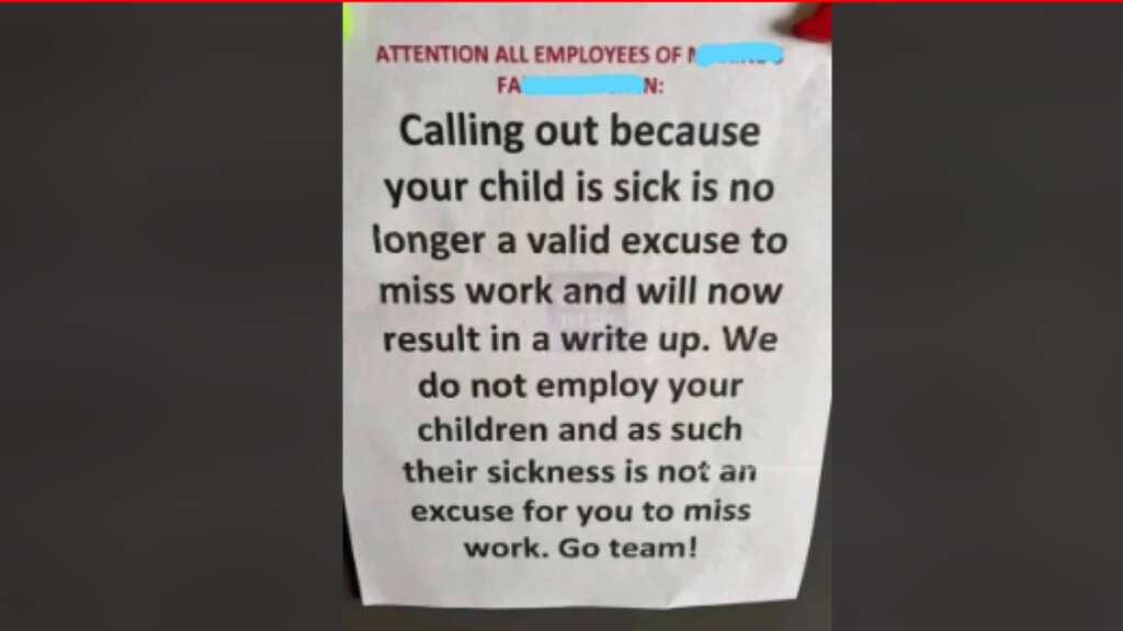 Company threatens to take action against employees taking leave for sick child