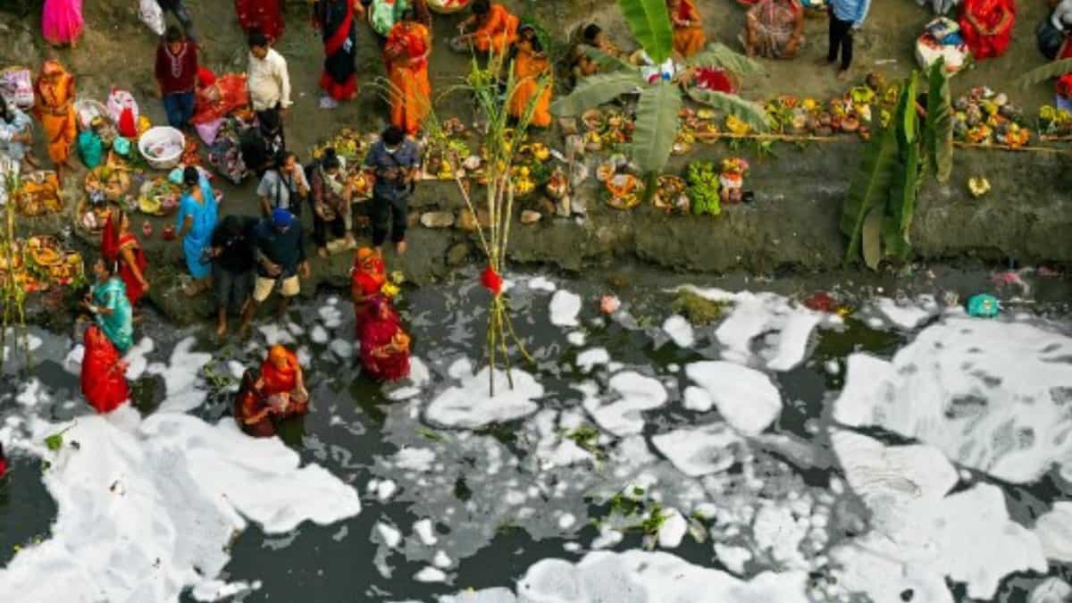 Woman seen applying toxic foam to her hair while bathing in Yamuna river