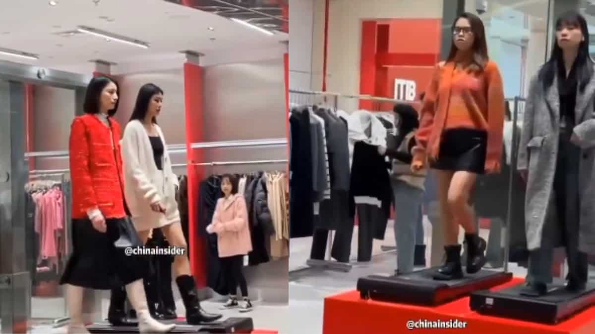 Real women 'mannequins' walk on treadmill to model clothes in China mall