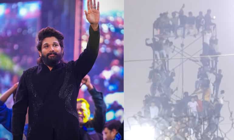 Fans climb towers as huge crowd gathers during Allu Arjun's Pushpa 2 trailer launch in Patna | Watch