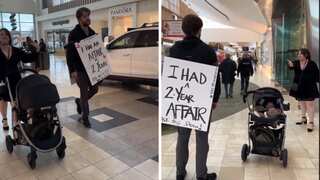Watch: Wife makes cheating husband walk in mall with 'I had affair' board hanging from his neck