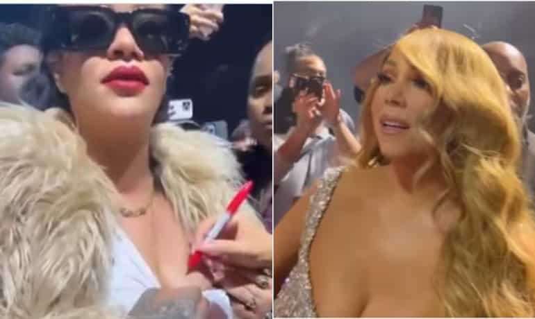 In Rihanna's way! Singer gets Mariah Carey's autograph on her chest | Watch