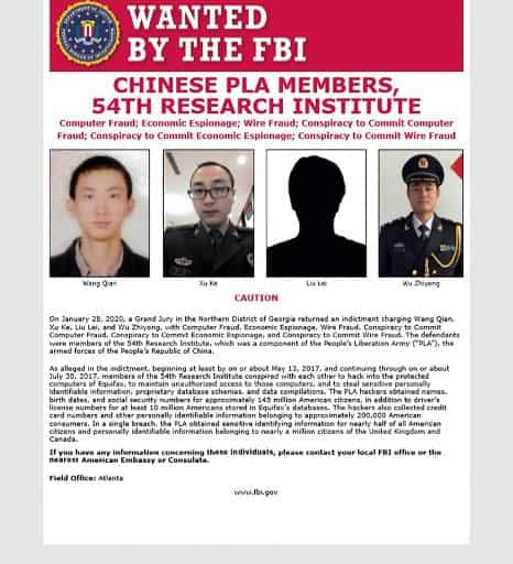 four Chinese PLA members, 54th Research Institute wanted by the Federal Bureau of Investigation 