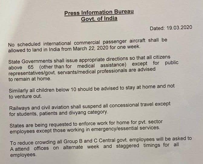 No scheduled international commercial  shall be allowed to land in India from March 22, 2020 for one week. 